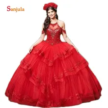 Красный Тюль бальное платье Бальные платья Холтер аппликации бисером Tieres юбка сладкий 16 платья vestido de debutante D1090