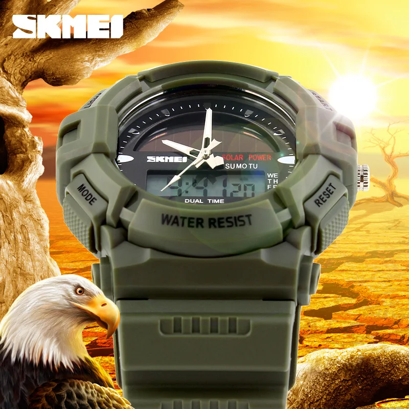 Бренд солнечной энергии 2 времени часы для плавания водонепроницаемые 50 м
