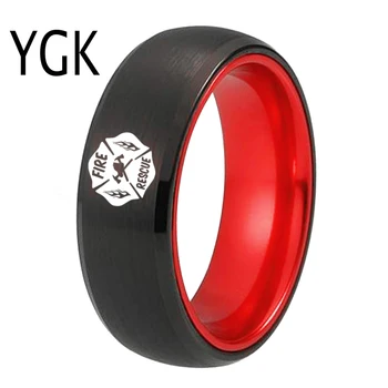 

YGK Jewelry Fire Rescue LOGO Black Tungsten with Red Anodized Aluminum Ring New Men's Wedding Engagement Anniversary Gift Ring