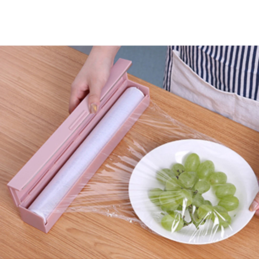 Plastic Cling Wrap Dispenser Wrap Cutter Storage Box Holder with