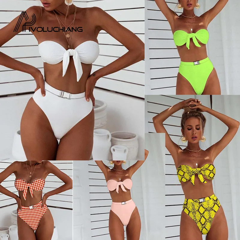 Knoted Bikini 2019 Sexy serpiente leopardo traje De baño mujeres traje De baño Bandeau Bikini cintura alta De Maillot De Bain Femme