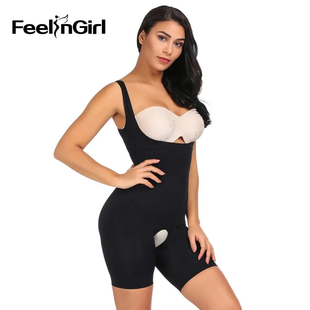 

Feelingirl Plain Seamless Underbust Bodysuit Crotchless Wide Straps Shapewear Tummy Control Shaper Butt Lift