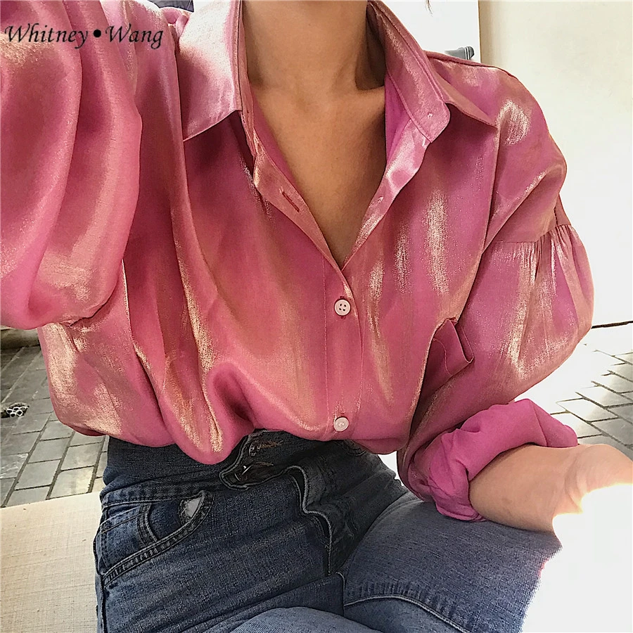 

WHITNEY WANG 2019 Spring Fashion Streetwear Korean Style Metallic Oversize Blouse Women blusas Girls Shirt Tops