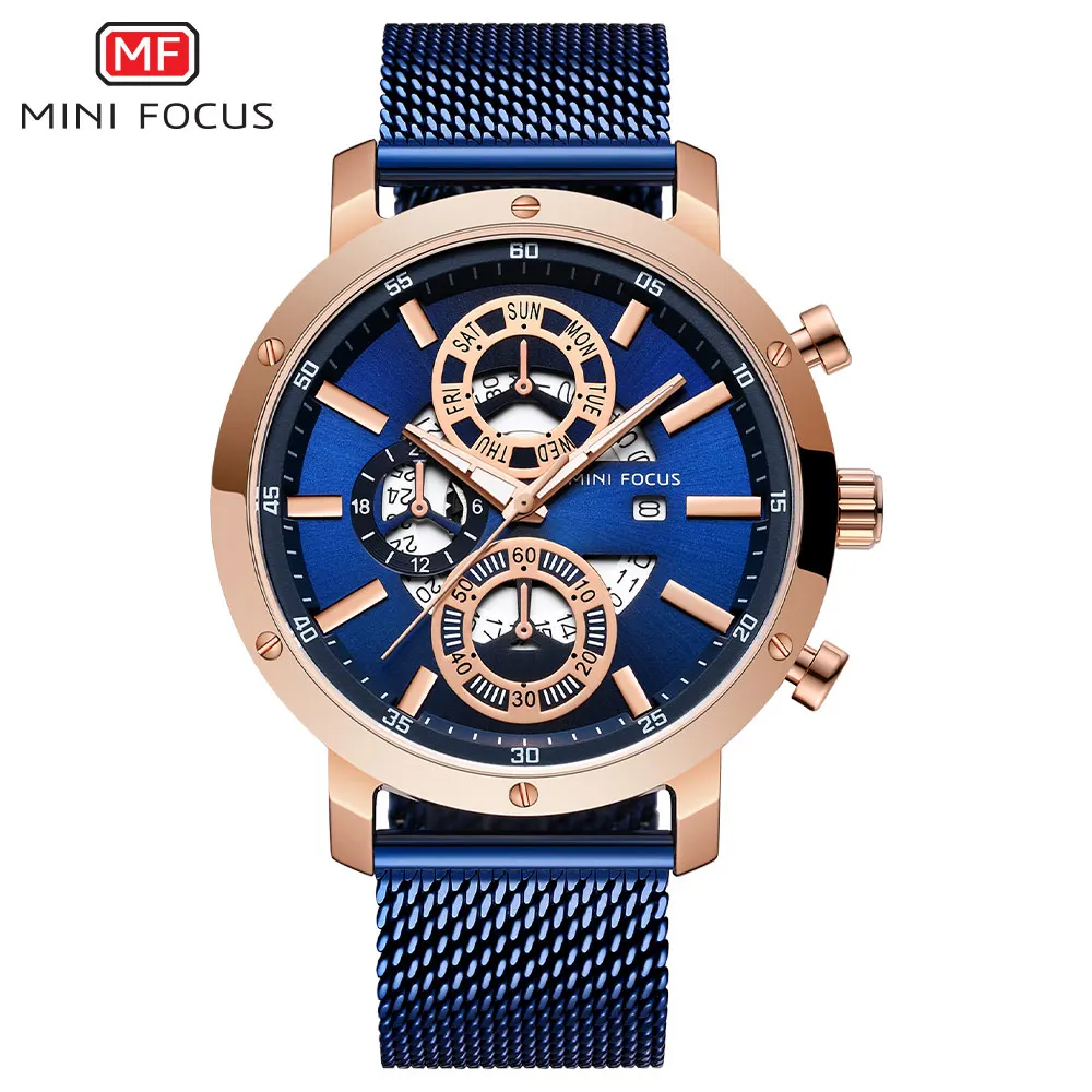 Мужские Роскошные деловые кварцевые часы с сетчатым ремешком, Топ бренд, военные спортивные наручные часы, мужские часы 0190 - Цвет: MF0190G-Blue