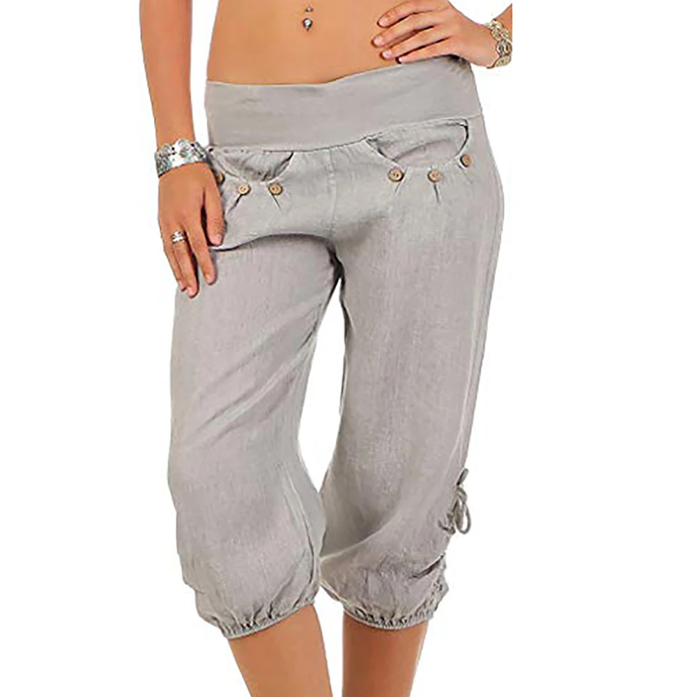 Laamei женские летние однотонные Короткие штаны-шаровары, свободные брюки до колена, женские мягкие Капри с эластичной резинкой на талии, брюки размера плюс 3XL - Цвет: Серый