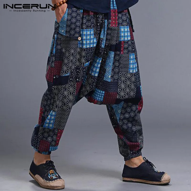 INCERUN 2019 мужские шаровары заниженным шаговым швом печати хип-хоп мотобрюки для мужчин Мешковатые хлопковые стильные ретро для мужчин женщи