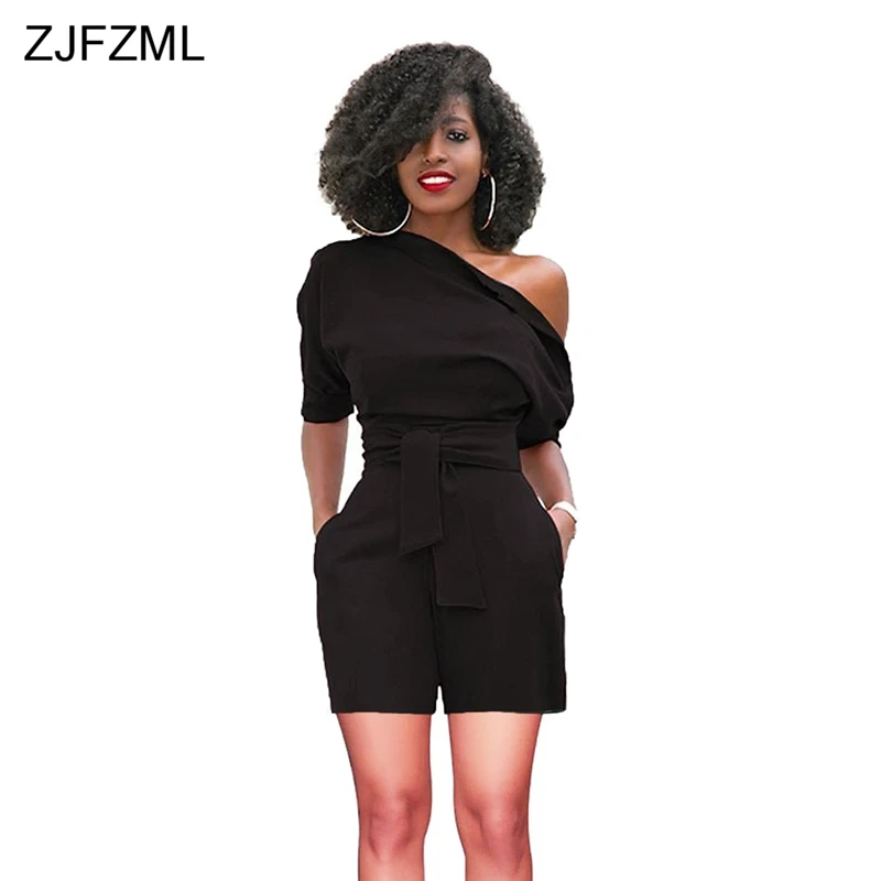 ZJFZML Solid Plus Size Rompers Womens Jumpsuit 2018 One Shoulder Short Sleeve One Piece Playsuit Elegant Sashes Short Bodysuits
