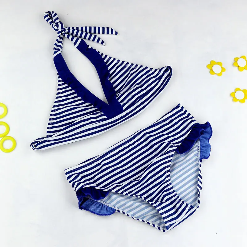 Bikini De 2 Piezas Para Niña - Top Con Volante Y Encaje, Braga Con Correa Ajustable, Para Playa Y Piscina