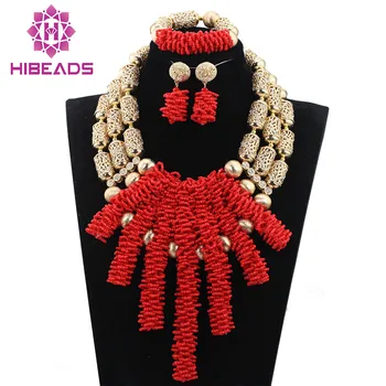 

Luxury Red Wedding African Beads Bib Jewelry Set Quality Big Gold Accessories Jewelry Set for Women Free Shipping WD942