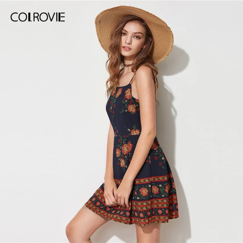 COLROVIE Floral Print Sleeveless Boho Cami Short Dress Women Summer Holiday Sundress Vacation Flared Sexy Girly Dresses