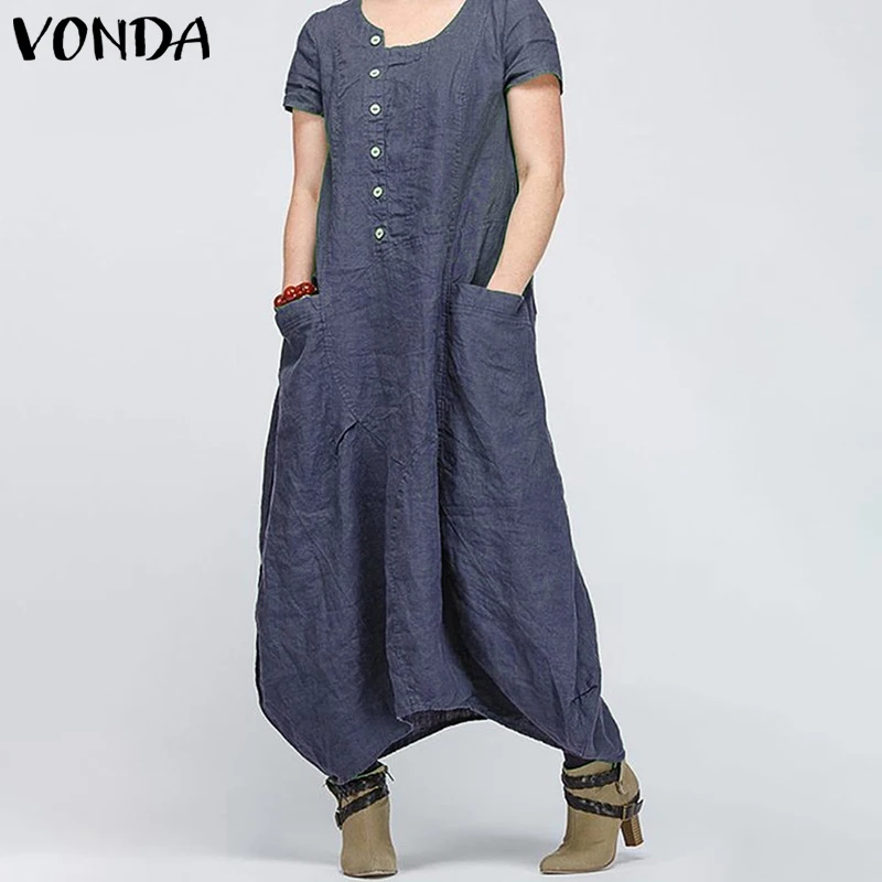 VONDA женское винтажное асимметричное платье с круглым вырезом, одноцветные мешковатые с карманами размера плюс, повседневные свободные пляжные макси длинные платья для женщин Vestidos