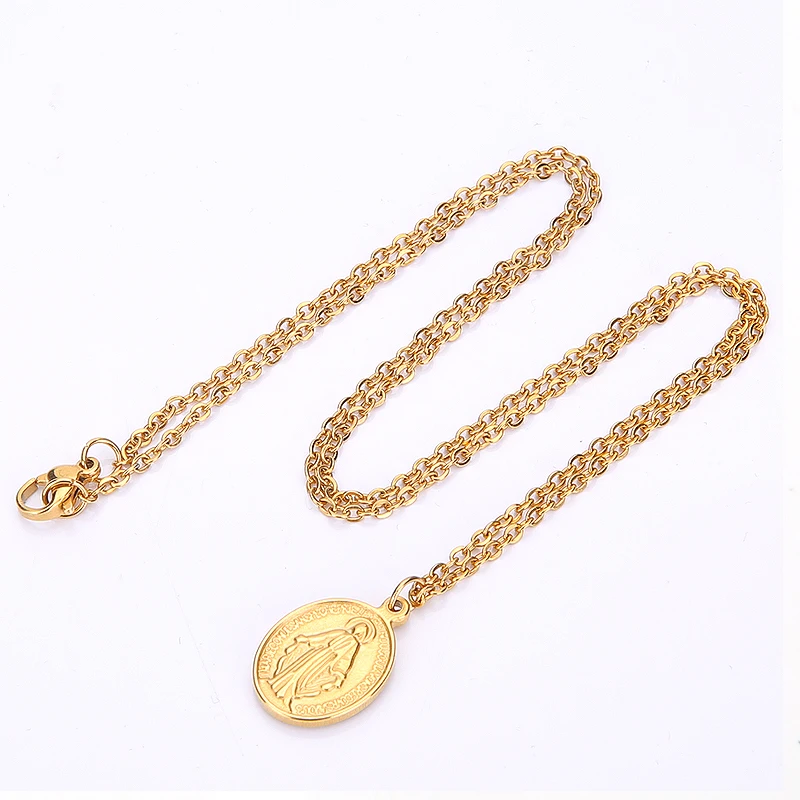 Gold Stainless Steel Virgin Mary Necklaces For Women Cross Virgen Maria Medallion Pendant Choker Colgante Medalla Mujer