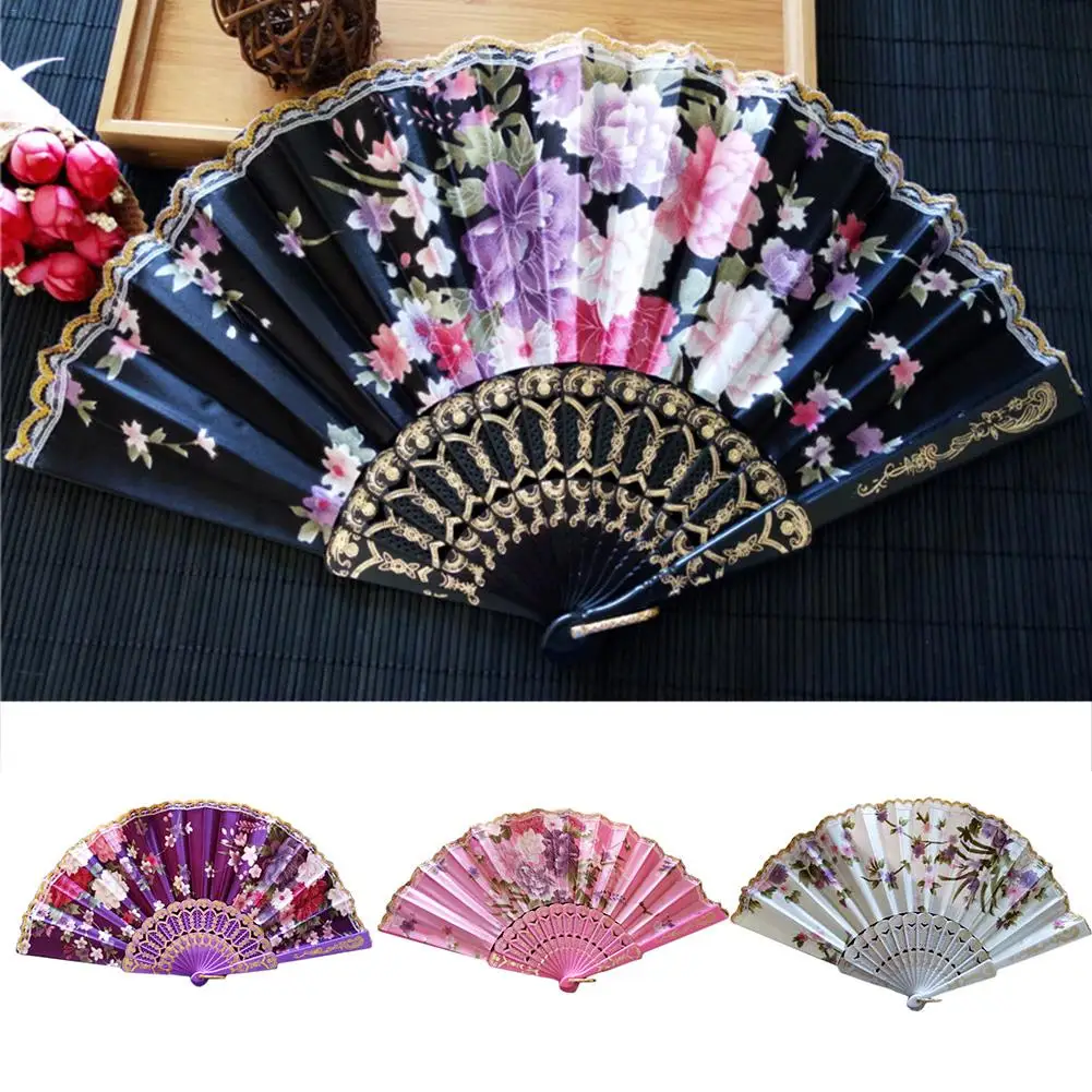 Lace Silk Fan Floral Folding Fan Hand Held Portable Decorative Fan Home