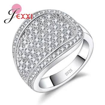 

Luxury Women Femme Best Gift Inlaid Full White Austria Crystal Stone Shiny 925 Sterling Silver Wide Wedding Ring Hot Sale
