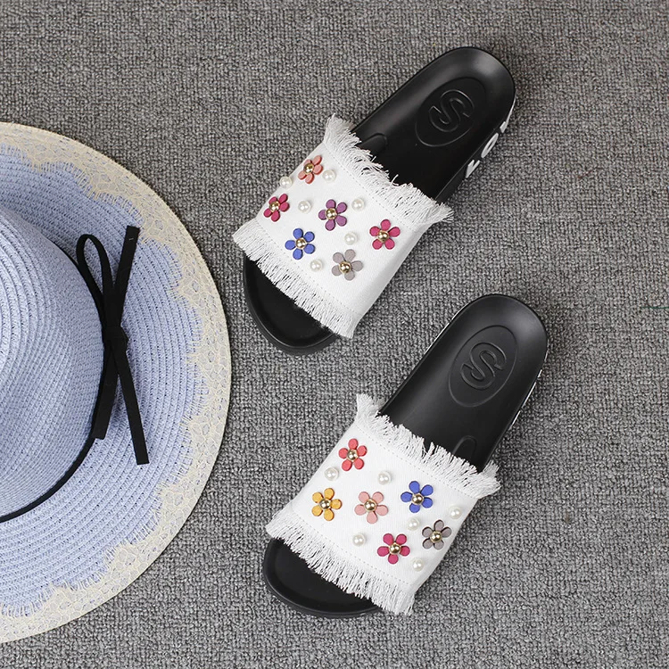 2016 New Korean Female Summer Sandals Casual Slippers Online Denim Daisy Pearl Ladies Comfort Footwear Cheap56
