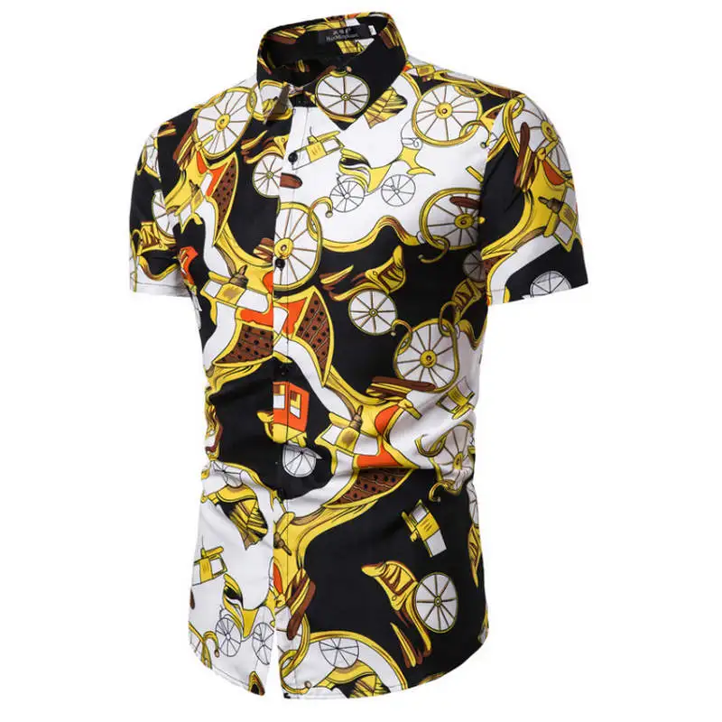 CS49 carriage yellow Новая Летняя мода Мужская рубашка Slim Fit короткий рукав Футболка с цветочным принтом Мужские Костюмы Trend Plus Размеры мужские Повседневное рубашка с цветочным рисунком - Цвет: CS49 carriage yellow