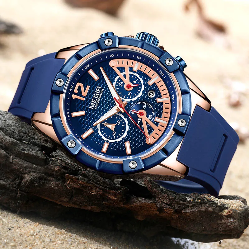 Megir Watch Water Resistant Man Watch 48mm Clock Army Military Sport Chronograph Man Watch Big Dial Quartz Mens Watches Blue