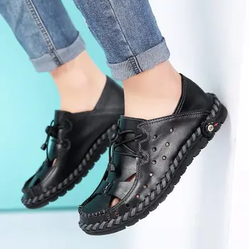 

Sandals men 2019 sewing genuine leather outdoor men shoes solid color lace-up man shoes casual comfortable men sandals plus size