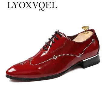 

Fashion Men Patent Leather Derby Shoes Male Casual Flats Party Shoes Men's Oxfords Blue Dress Wedding Shoes M397