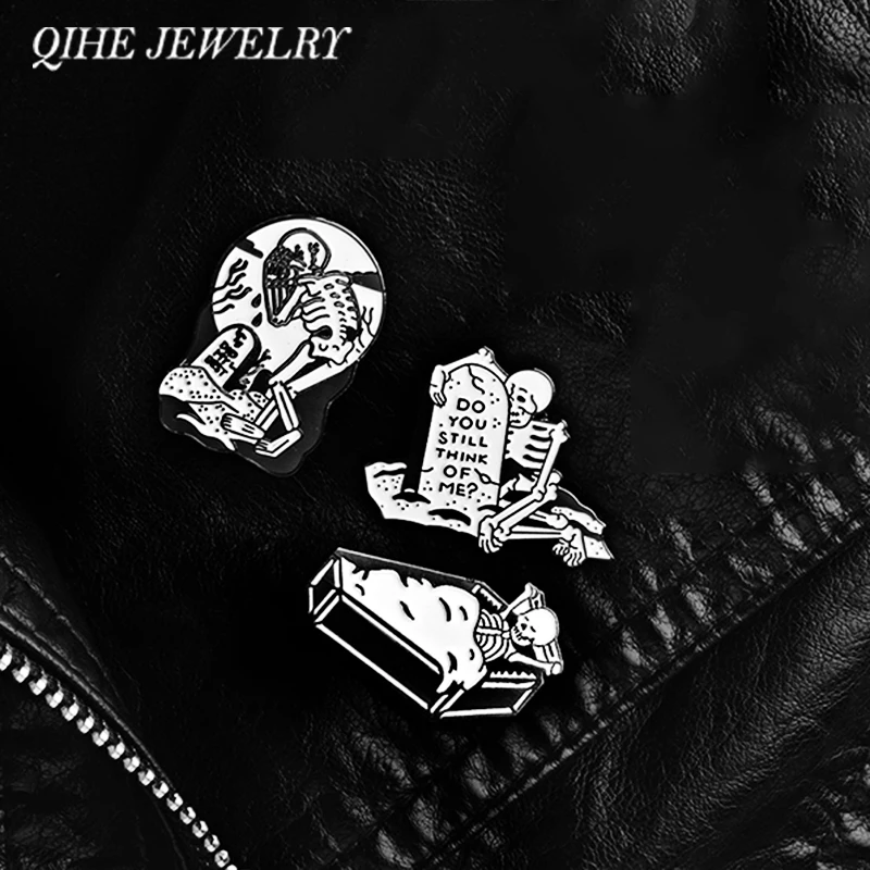 

QIHE JEWELRY Tombstone Coffin Crying Skelelton Pins Brooches Lapel pins Badges Punk Halloween Skeleton Jewelry