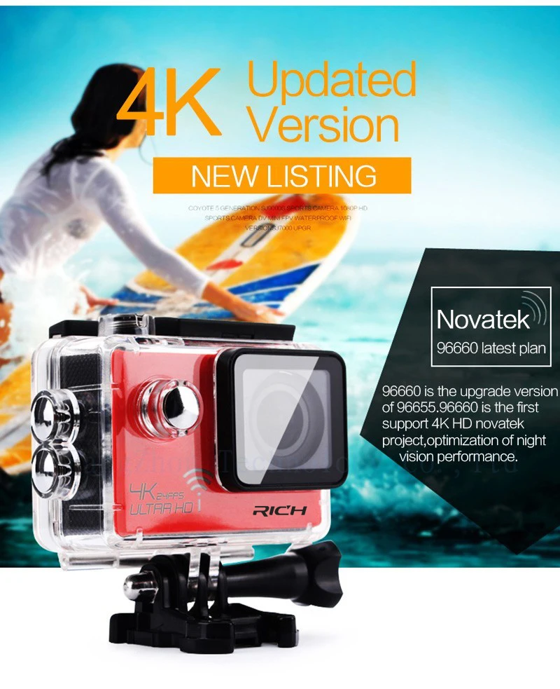 Экшн-камера Ultra HD 4 K 24fps WiFi NTK96660 2,0 дюймов 16MP 170D Len шлем Cam Водонепроницаемый 30 м Экстремальная Спортивная камера