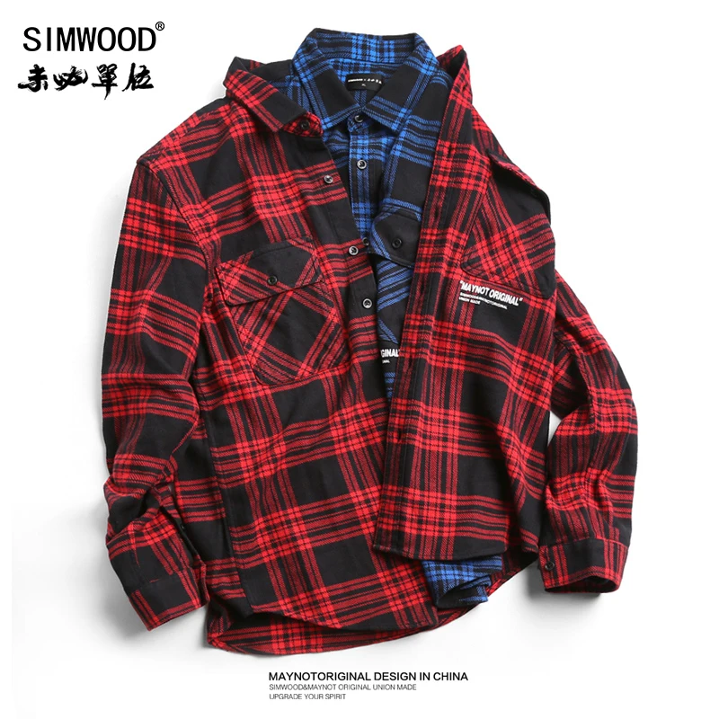 

SIMWOOD Casual Plaid Shirt Men 2019 Fashion Long Sleeve Letter Printed Shirts Slim Fit 100% Pure Cotton Camisa Masculina 180545