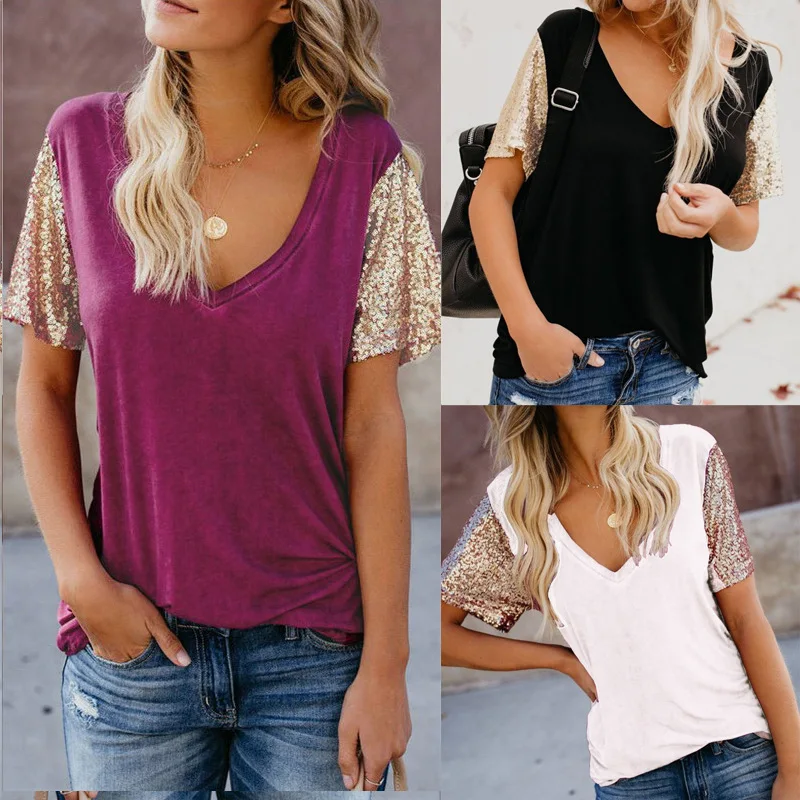

T shirt women new summer 2019 selling European leisure v-neck bead patchwork sexy splicing choli T-shirt vestidos LDM190312