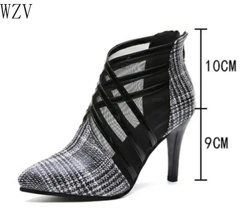 Новинка года; Модная Летняя женская обувь; модные открытые ботинки из искусственной кожи в мелкую клетку; босоножки на высоком каблуке с острым носком; E667