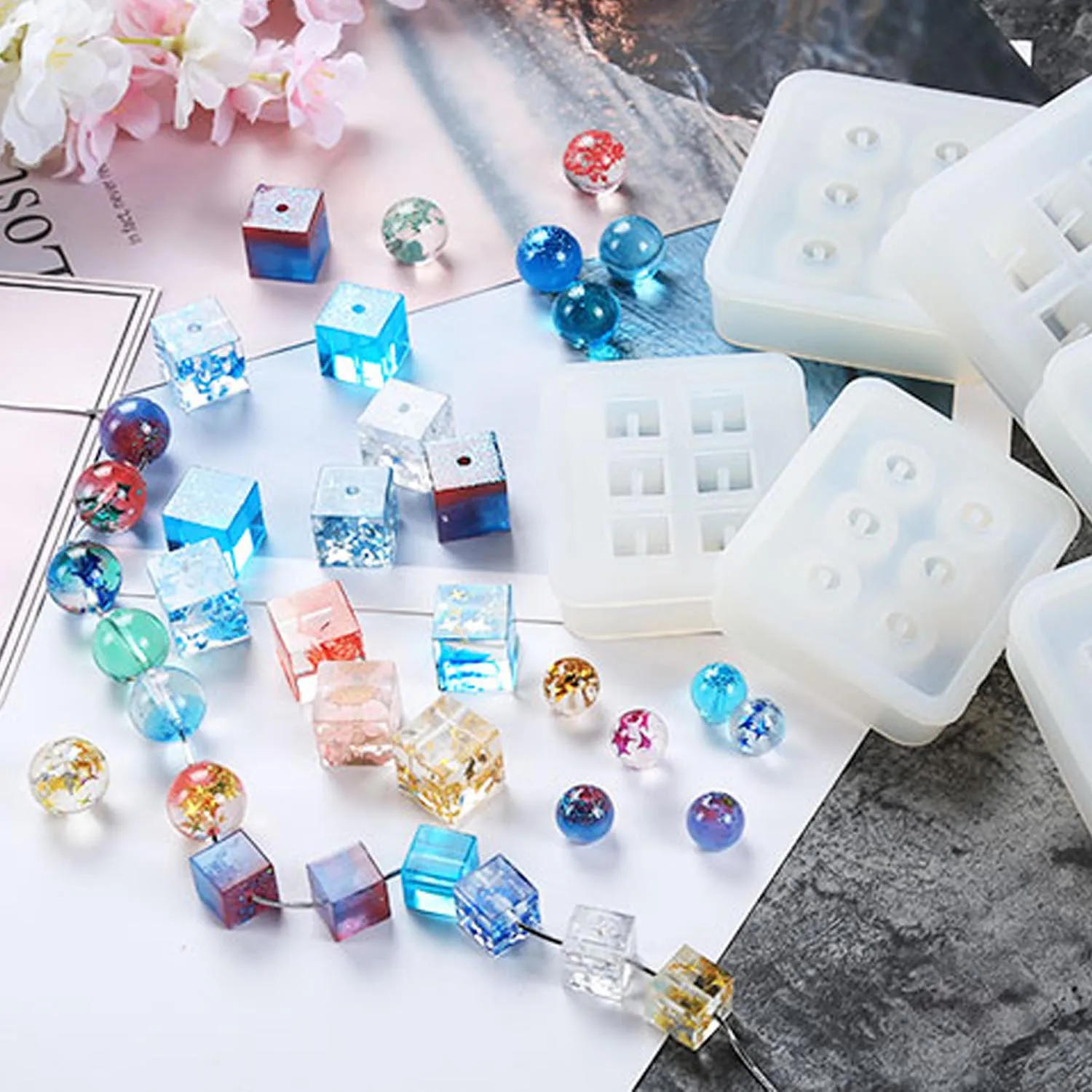 

12pcs Beads Silicone Molds with Hanging Hole for DIY Jewelry Making Bracelet Necklace Polymer Clay Crafting Projects Supplies