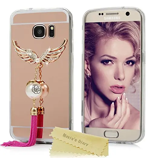 

Bling Crystal Diamonds Elegant Wings with Hot Pink Tassels Luxury Mirror TPU Cover for samsungS5 S6 S7 S8 S9 S10 PLUS Note5 8 9