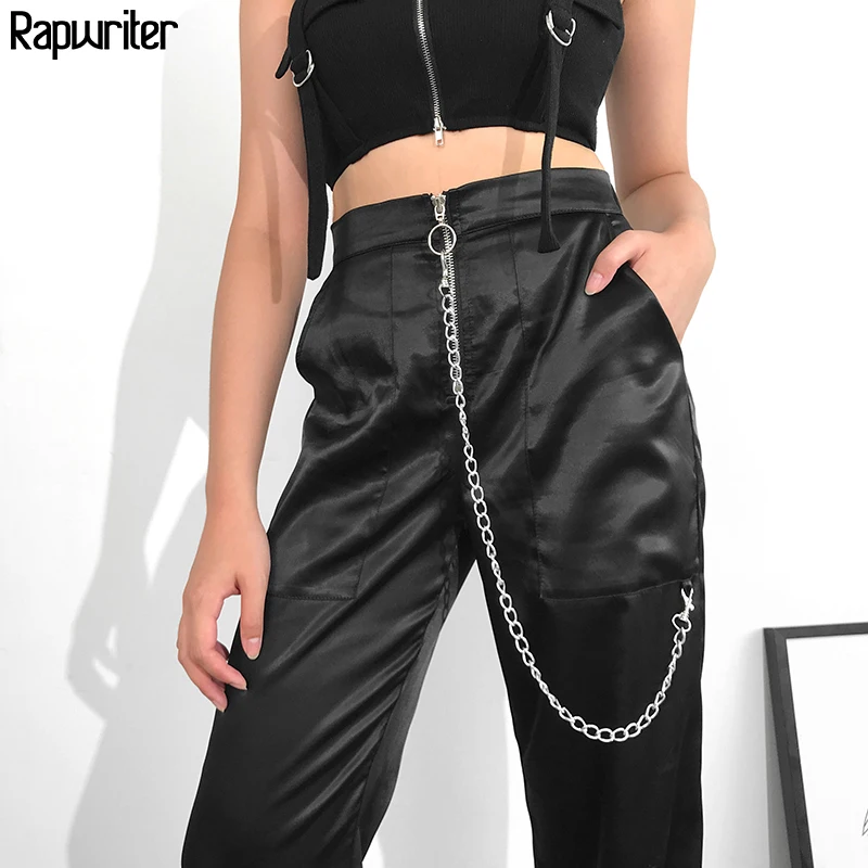 

Rapwriter Punk Style Chain Middle Zipper Empire Straight Long Pant 2019 Fall Streetwear Bottom Full Length Trousers Women Pocket
