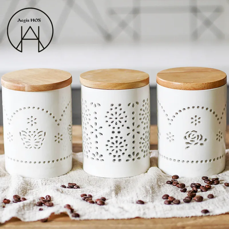 

650ML white hollowed-out sealed jar oak cover ceramic food storage box coffee bean storage can flower tea mixed grain candy can