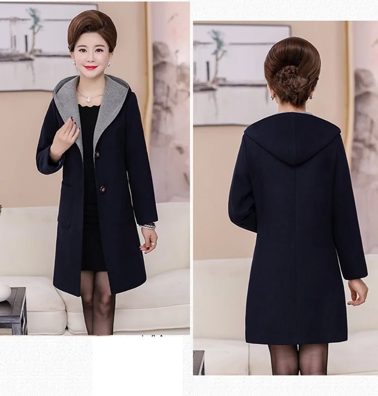 Autumn Winter Woolen Coat Women Hooded New Middle-aged Mother Clothes Long Slim Wool Coat Womens windbreaker Plus Size coat 5XL