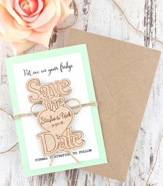 

personalize names date engraved Wooden Card save the date Wedding invitations Magnets, Wedding Wood Save-the-Date Magnet gifts