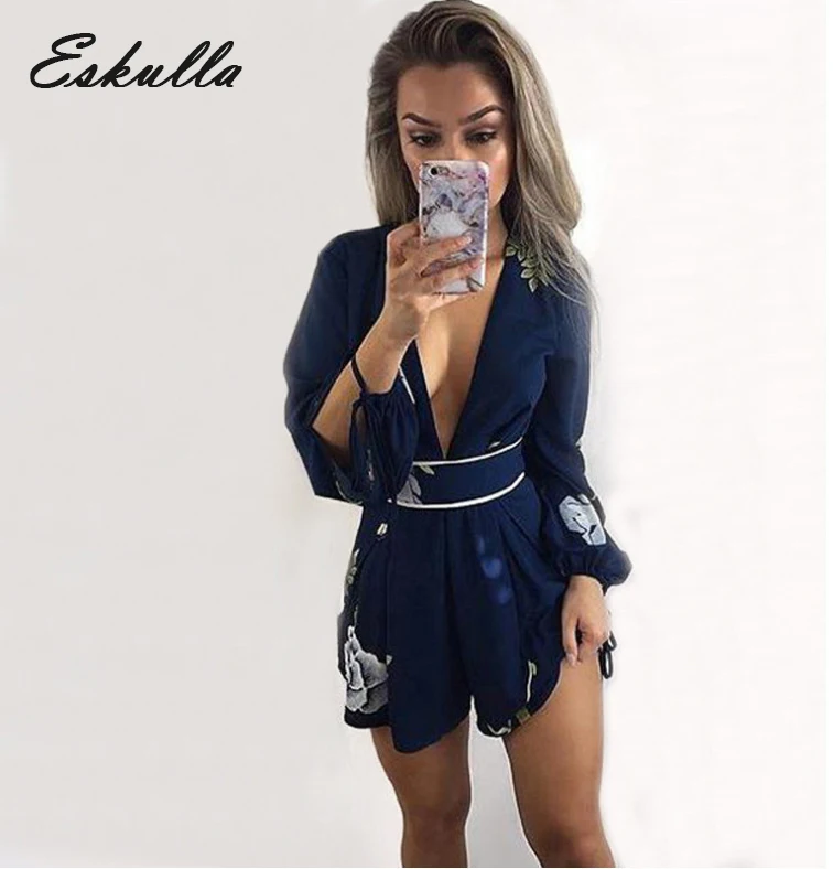 Eskulla Women sexy Stylish V-neck Shorts Backless Printed Long-sleeved Shorts Slacks fake belt Decoration Women