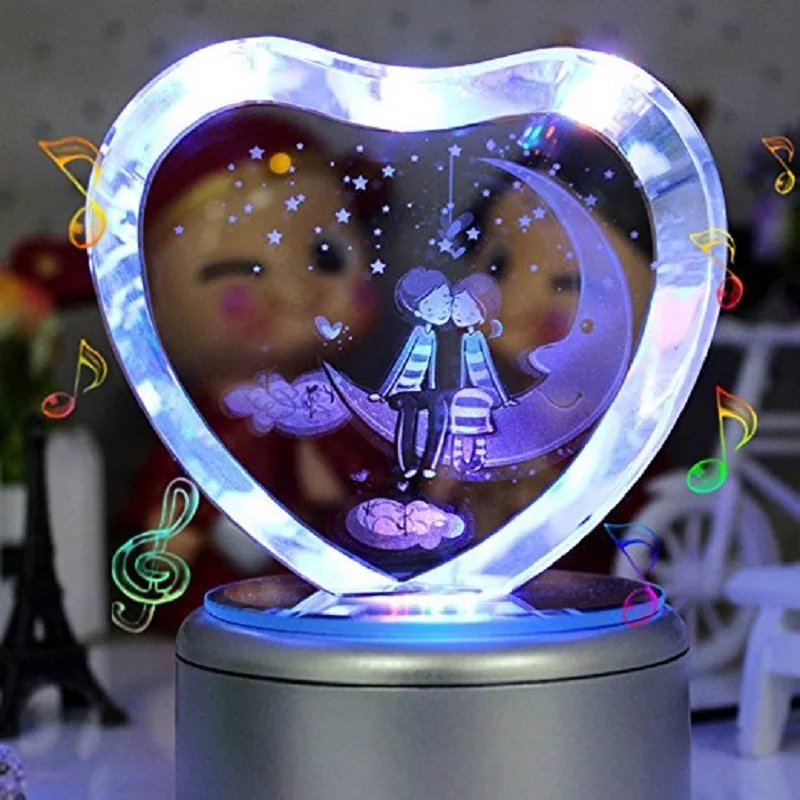 Music Box Music Colorful Romantic Gifts 3D Heart Shaped Crystal Musical
