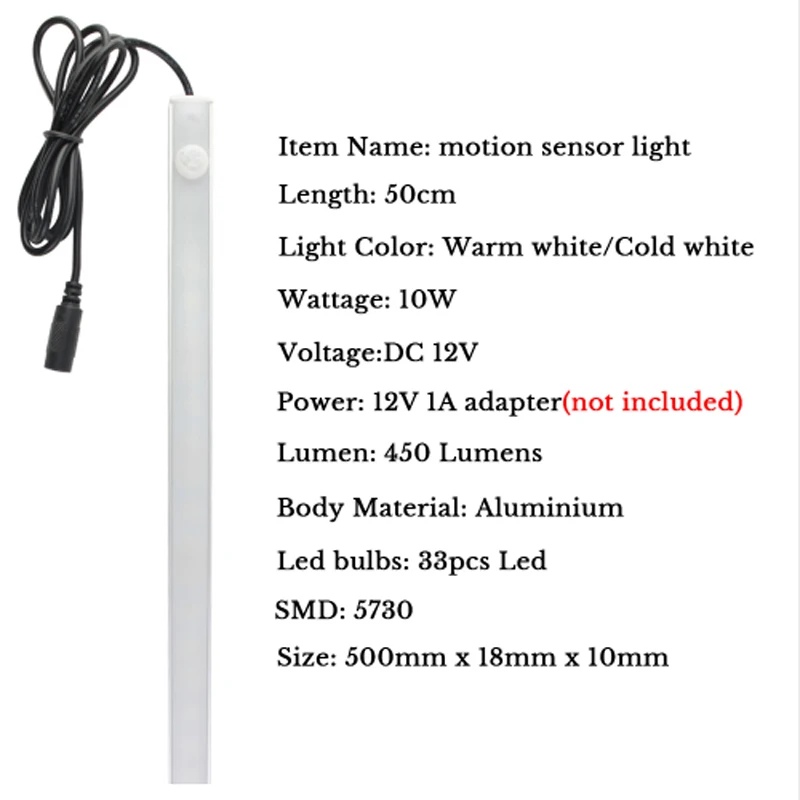 50 cm 10 W الجسم الأشعة تحت الحمراء PIR Led motion مصباح لجهاز الاستشعار ل تحت خزائن المطبخ أضواء 12 V خزانة خزانة غرفة نوم