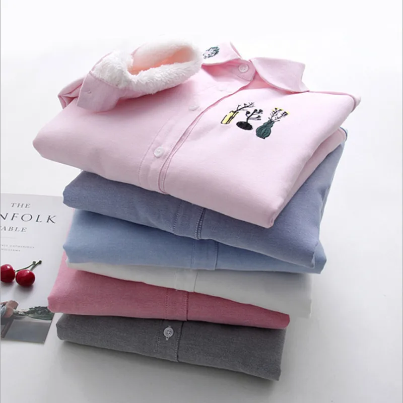

2018 Winter Women's Coat Tops Thick Plus Velvet Long Sleeve Shirt Style Jacket Female Fresh Casual Cotton Warm Shirts Clothing