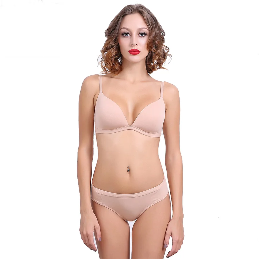 

US $9.9 Thin Cotton Bra Brief Style Soft Cup Wire Free Bra Seamless Plunge Set Underwear Women Everyday Lingerie