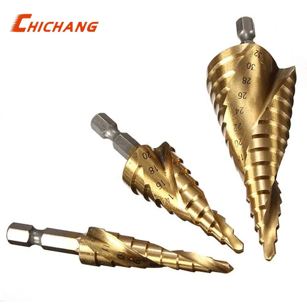 3pc HSS Titanium Coated Spiral Flute Step Drill Bit ,4 12/20/32mmin