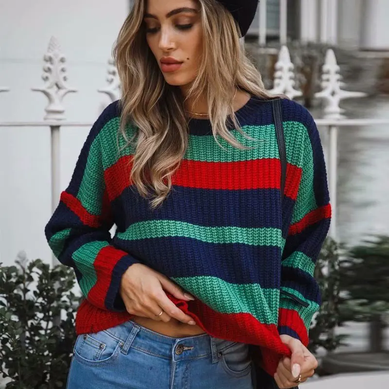 2018 Fall Fashion Women Rainbow Sweater Knitted Warm Knitwear Chompas Winter Tops Pull Femme Jumper Long Sleeve Pullover Female | Женская
