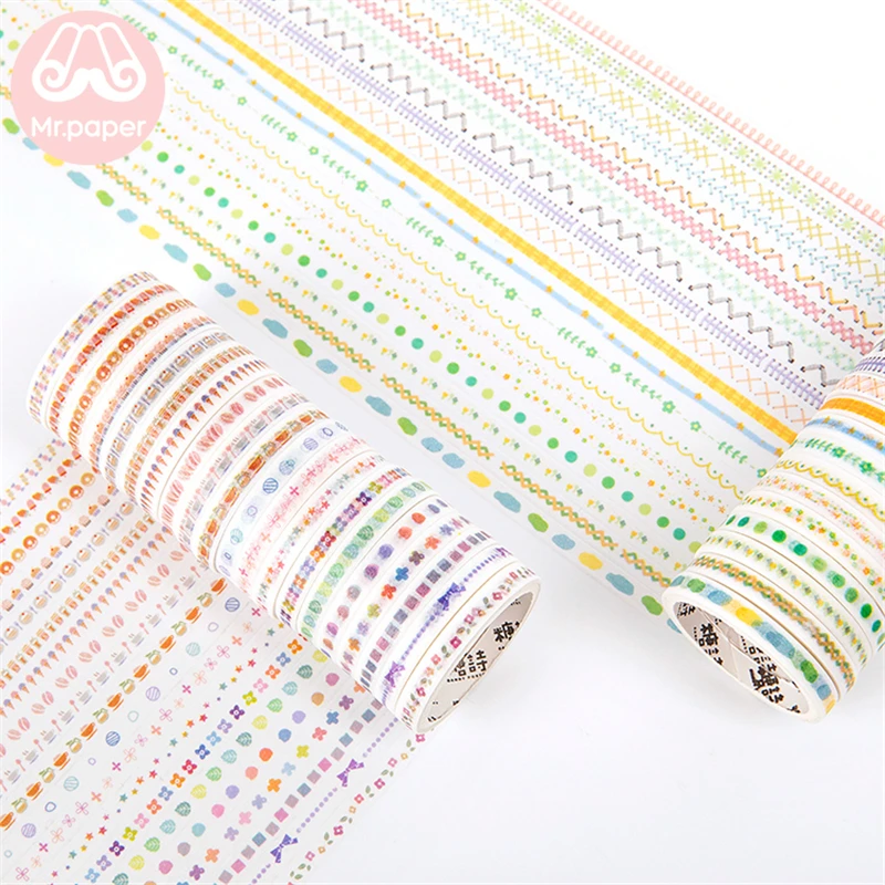 Mr Paper 10pcs/set 5mm*2m Colourful Rainbow Line Scrapbooking Cut-off Rule Washi Tapes Bullet Journaling Deco Masking Tapes