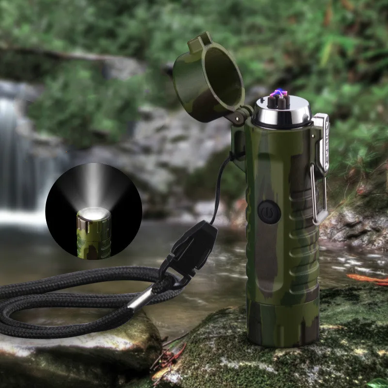 

Newest Creative Outdoor camping LED flashlight windproof cigarette device double arc seal waterproof USB Charging lighter