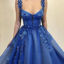 Винтажное голубое Тюлевое вечернее платье на шнуровке с вышивкой, с бретельками, милое 3D платье, платья для выпускного вечера с цветами, длинное выпускное платье