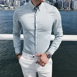 Высокое качество Camisas Hombre Фирменная Новинка Slim Fit Для мужчин рубашка Повседневное с длинным рукавом в полоску Бизнес Мужская классическая