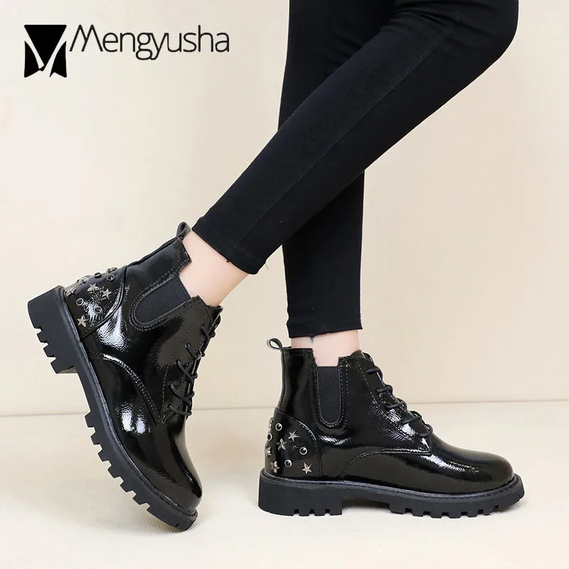 

new rivets punk boots women japanned leather studded ankle boots plush botines mujer 2018 winter metal ball chains booties c862