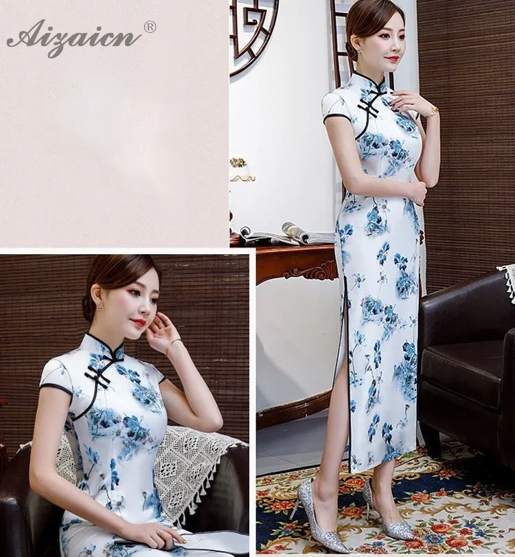 Весной новый принт Cheongsam Длинные платья Chinoise похожие Шелковый Qi Pao нация ветер винтажное платье китайское платье Qipao Женская Роба в