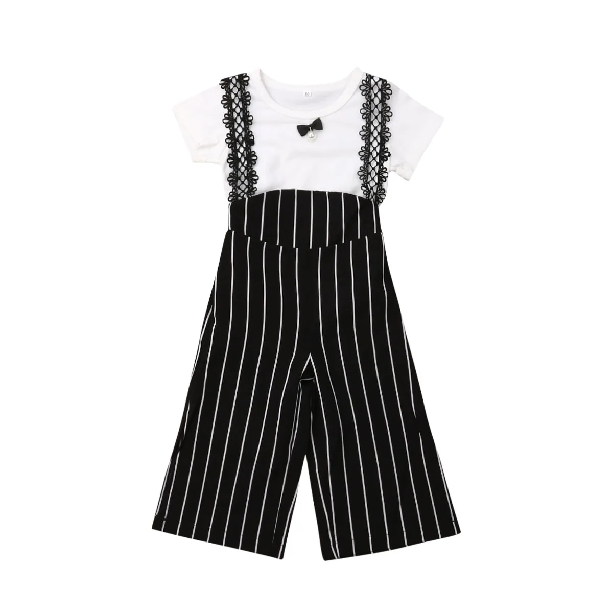 

Elegant Kids Girl Overalls Clothes Set Children Black Stripe Suspender Trousers White t Shirt Outfits