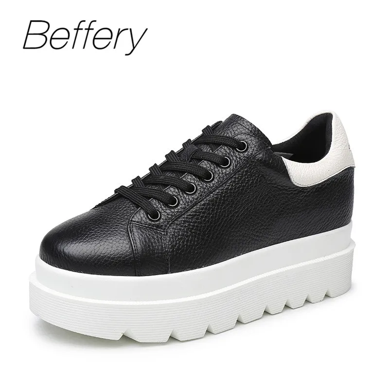 

Beffery Spring Genuine Leather Women Casual Shoes Platform Wedge High heels Fashion Thick bottom Flats Shoes Women Sneakers