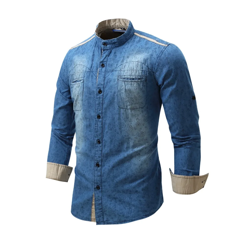 Весна Повседневное Для Мужчин's Джинсовые Рубашки классические Винтаж синие джинсы рубашка Slim Fit с длинным рукавом карманами Camisas сорочка